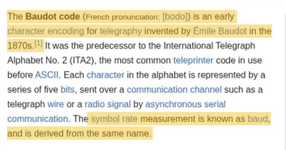 Wikipedia article excerpt, highlighted: the Baudot code is an early character encoding invented by Ã‰mile Baudot in the 1870s; the symbol rate is known as baud